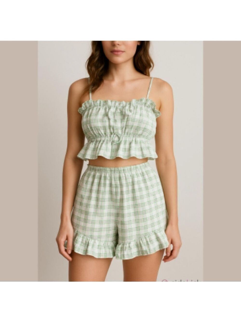 Favlux White and Green Checkered two piece ruffle shorts and crop top set large